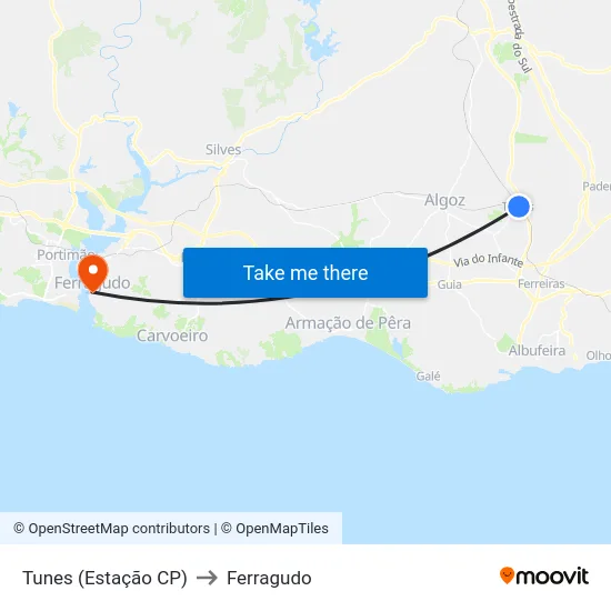Tunes (Estação CP) to Ferragudo map