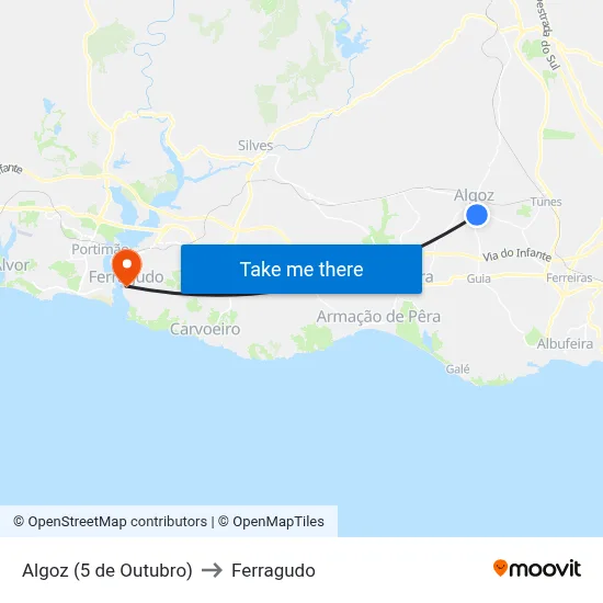 Algoz (5 de Outubro) to Ferragudo map