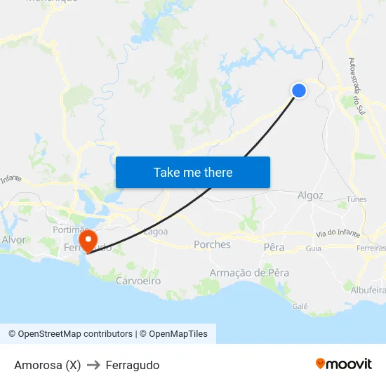 Amorosa (X) to Ferragudo map