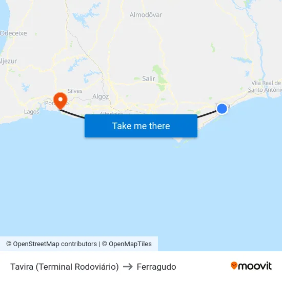 Tavira (Terminal Rodoviário) to Ferragudo map