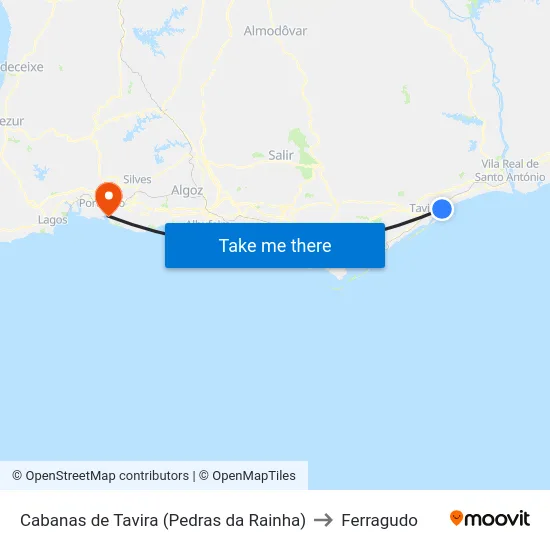 Cabanas de Tavira (Pedras da Rainha) to Ferragudo map