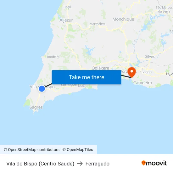 Vila do Bispo (Centro Saúde) to Ferragudo map