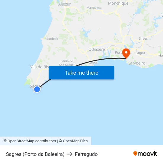 Sagres (Porto da Baleeira) to Ferragudo map