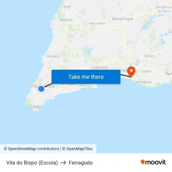 Vila do Bispo (Escola) to Ferragudo map