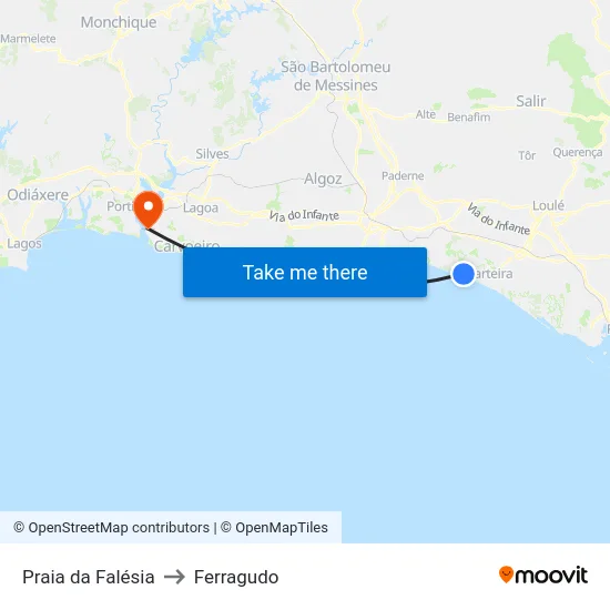 Praia da Falésia to Ferragudo map