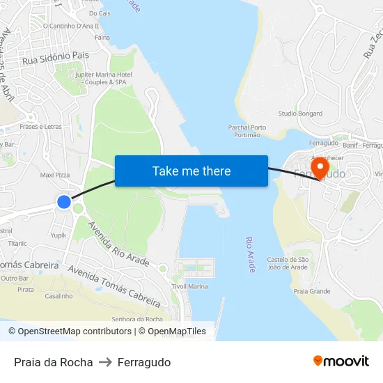 Praia da Rocha to Ferragudo map