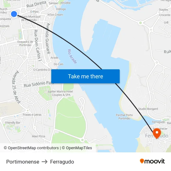 Portimonense to Ferragudo map