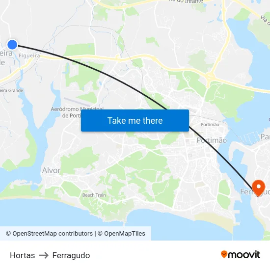 Hortas to Ferragudo map