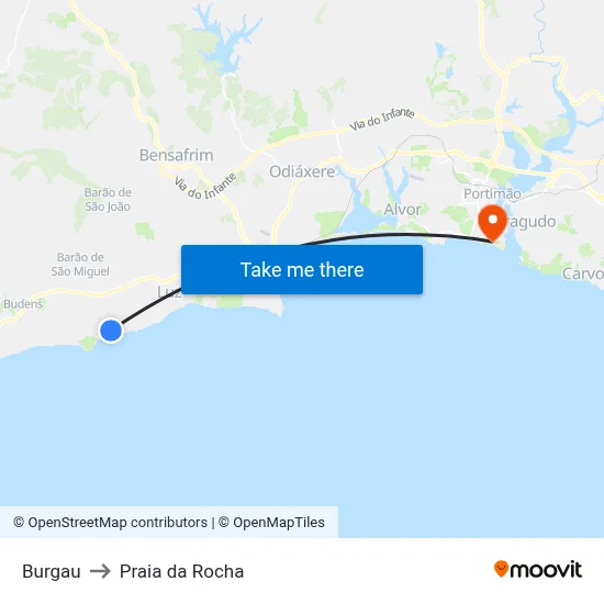 Burgau to Praia da Rocha map