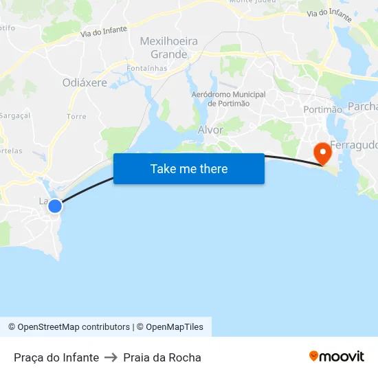 Praça do Infante to Praia da Rocha map