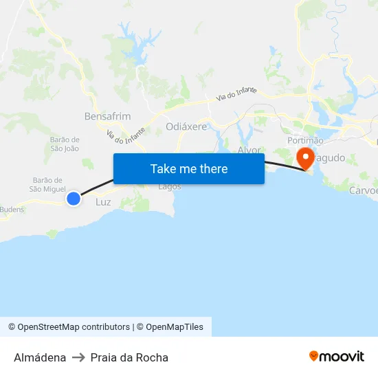 Almádena to Praia da Rocha map