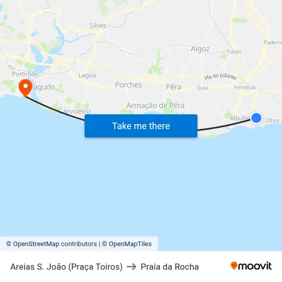 Areias S. João (Praça Toiros) to Praia da Rocha map
