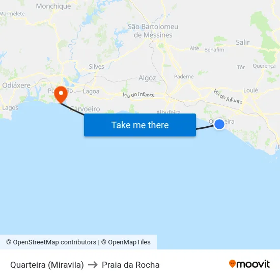 Quarteira (Miravila) to Praia da Rocha map