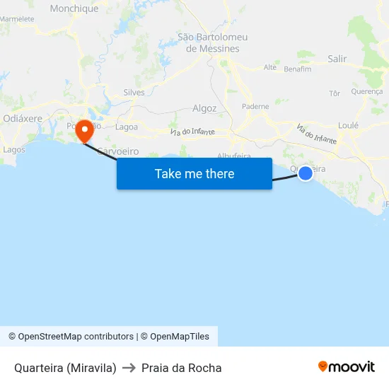 Quarteira (Miravila) to Praia da Rocha map