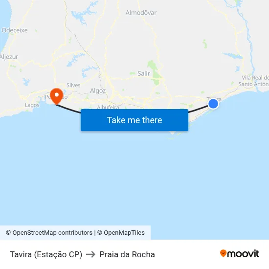 Tavira (Estação CP) to Praia da Rocha map