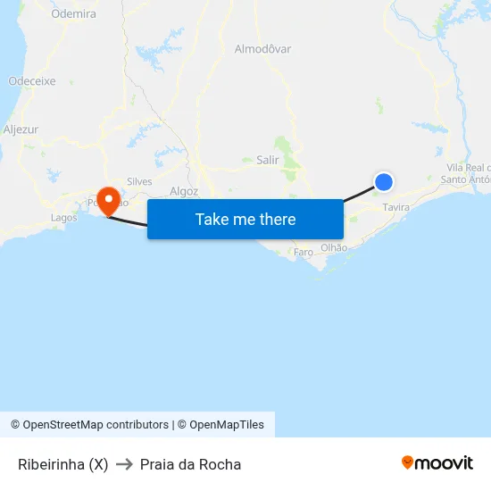 Ribeirinha (X) to Praia da Rocha map