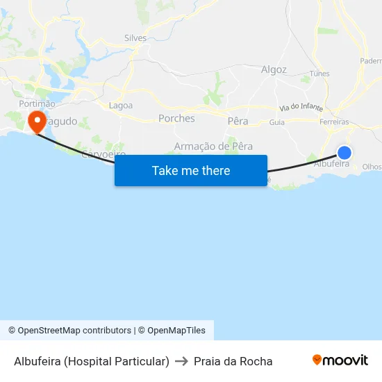 Albufeira (Hospital Particular) to Praia da Rocha map