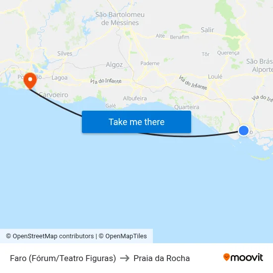 Faro (Fórum/Teatro Figuras) to Praia da Rocha map