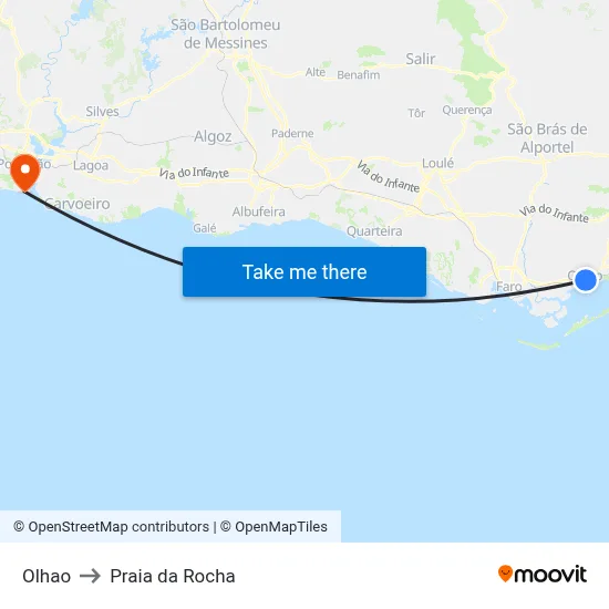 Olhao to Praia da Rocha map