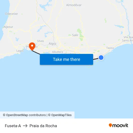 Fuseta-A to Praia da Rocha map