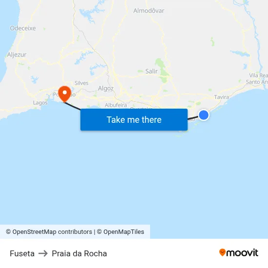 Fuseta to Praia da Rocha map