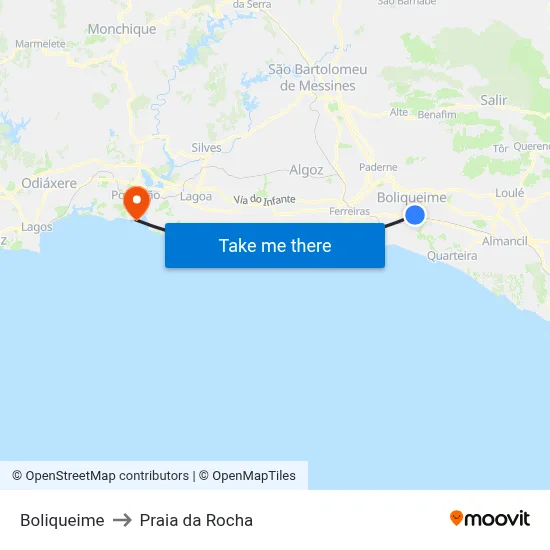 Boliqueime to Praia da Rocha map