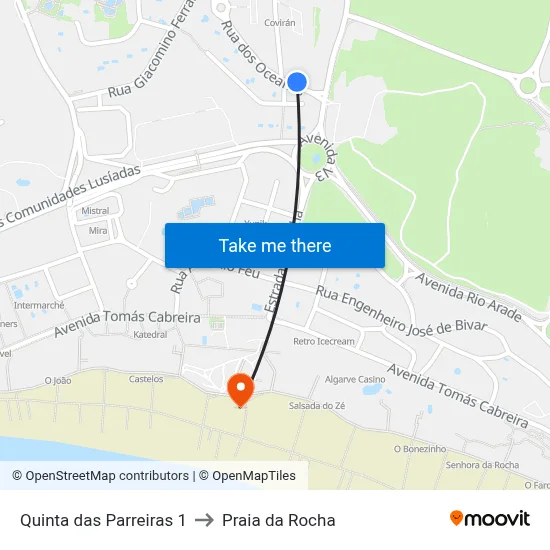 Quinta das Parreiras 1 to Praia da Rocha map