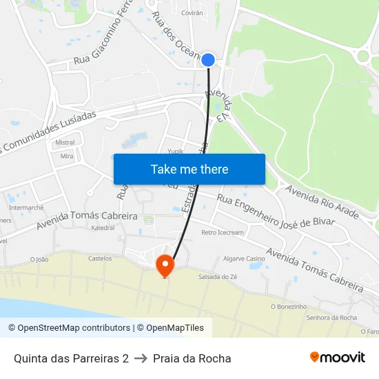 Quinta das Parreiras 2 to Praia da Rocha map