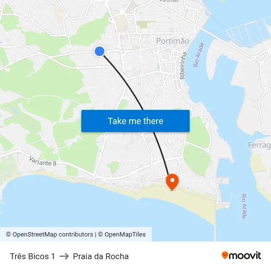 Três Bicos 1 to Praia da Rocha map