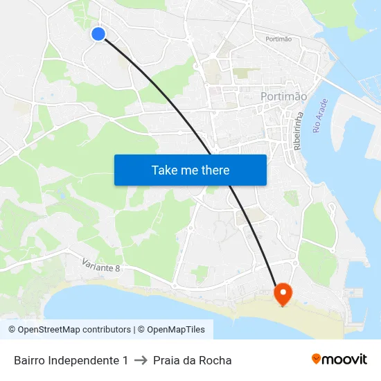 Bairro Independente 1 to Praia da Rocha map