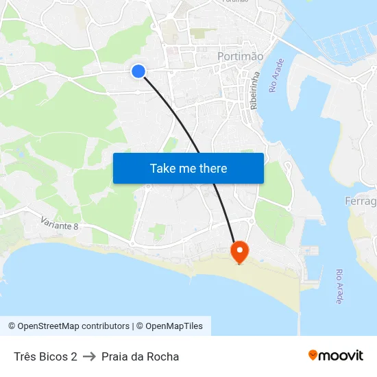 Três Bicos 2 to Praia da Rocha map