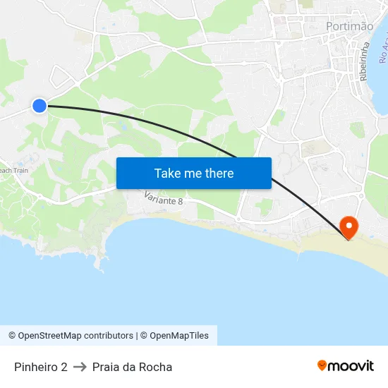 Pinheiro 2 to Praia da Rocha map
