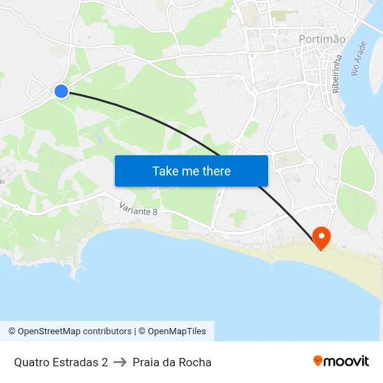 Quatro Estradas 2 to Praia da Rocha map