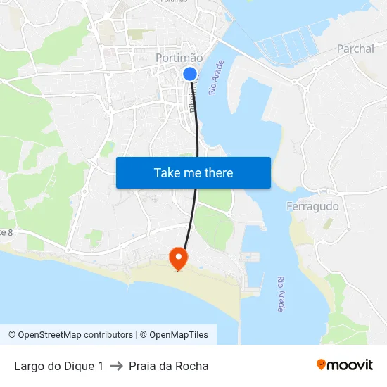 Largo do Dique 1 to Praia da Rocha map