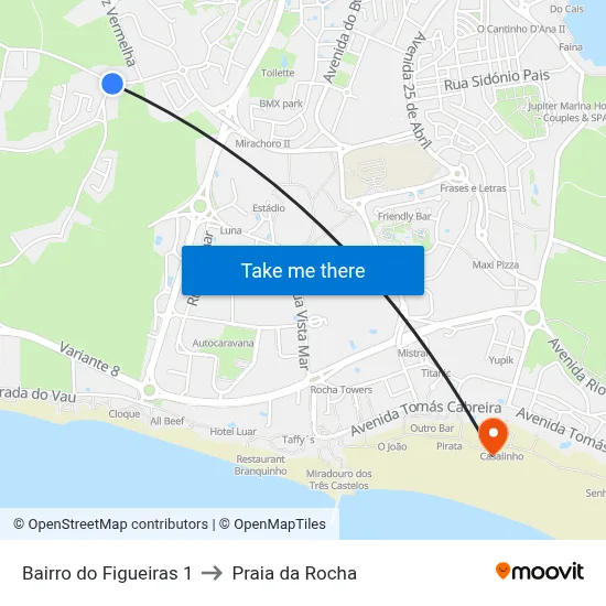 Bairro do Figueiras 1 to Praia da Rocha map