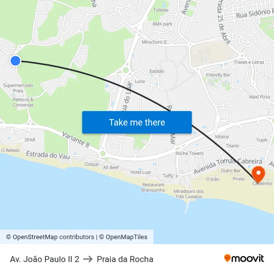 Av. João Paulo II 2 to Praia da Rocha map