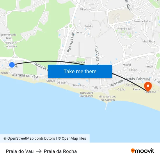 Praia do Vau to Praia da Rocha map