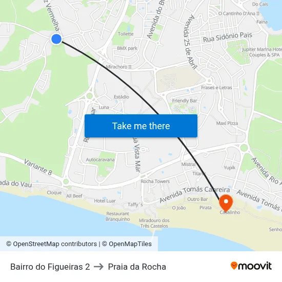 Bairro do Figueiras 2 to Praia da Rocha map