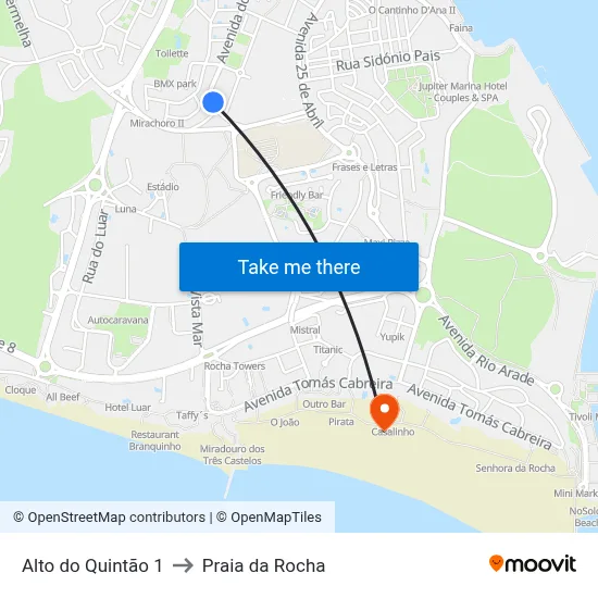 Alto do Quintão 1 to Praia da Rocha map