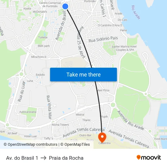 Av. do Brasil 1 to Praia da Rocha map