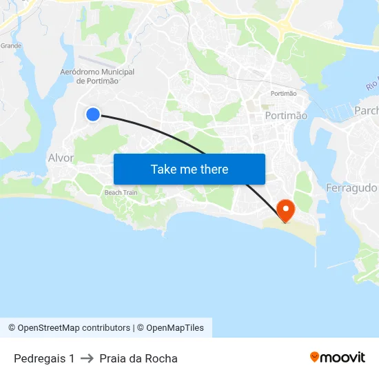Pedregais 1 to Praia da Rocha map
