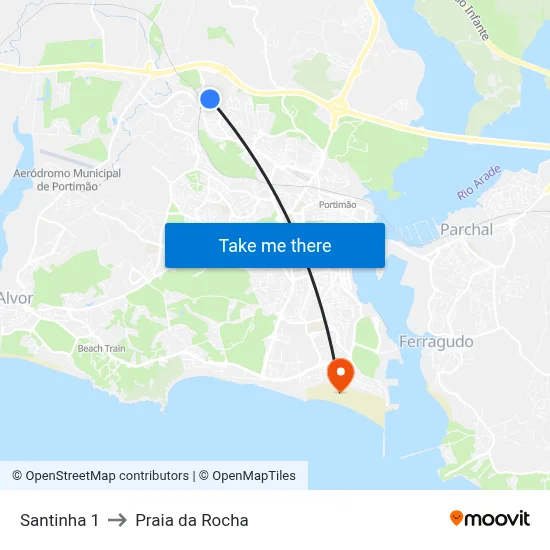 Santinha 1 to Praia da Rocha map