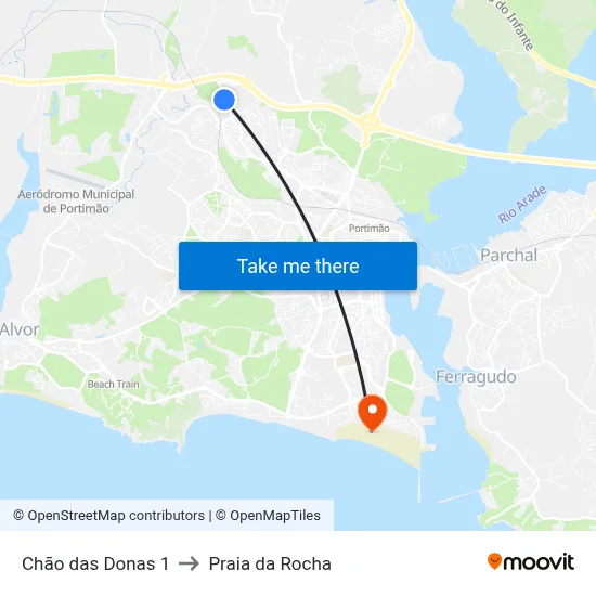 Chão das Donas 1 to Praia da Rocha map