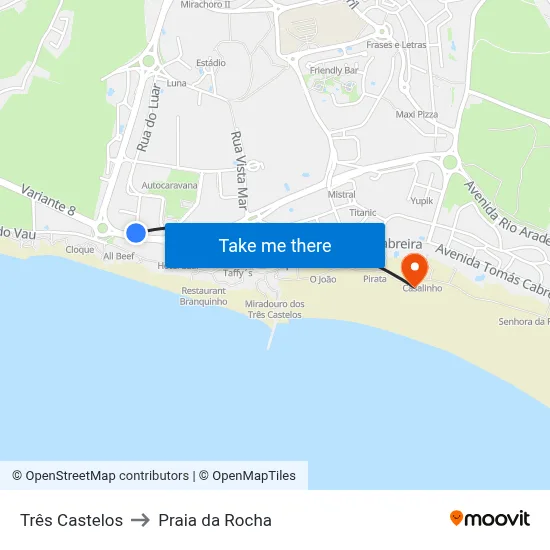 Três Castelos to Praia da Rocha map