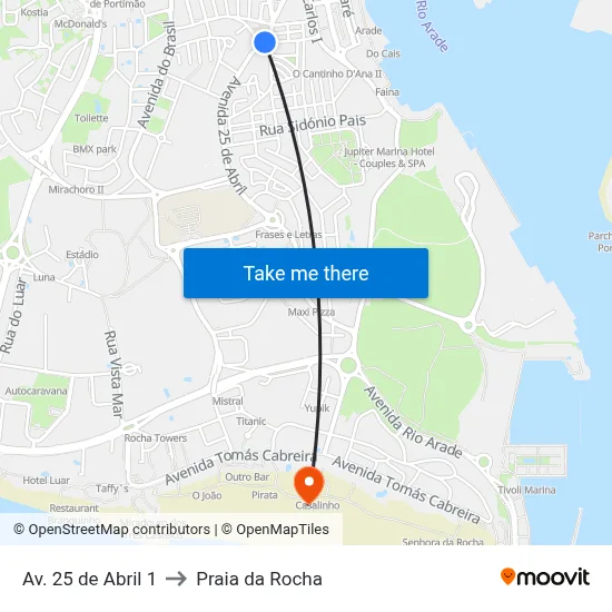 Av. 25 de Abril 1 to Praia da Rocha map