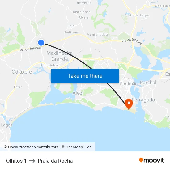 Olhitos 1 to Praia da Rocha map