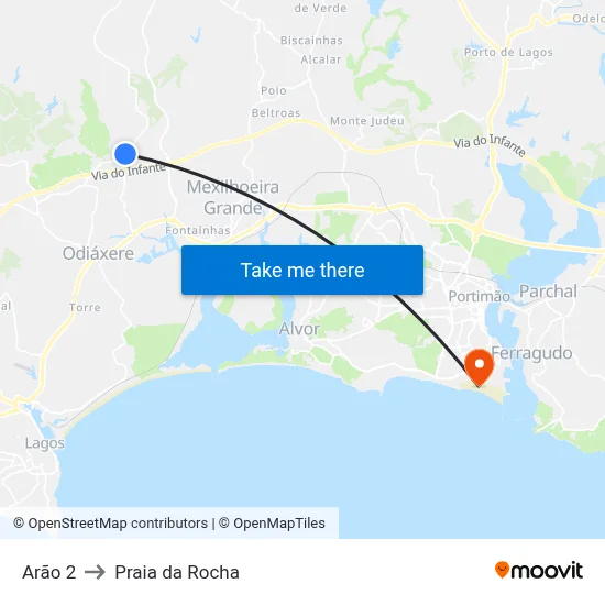 Arão 2 to Praia da Rocha map