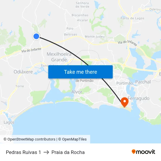 Pedras Ruivas 1 to Praia da Rocha map