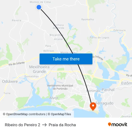 Ribeiro do Pereiro 2 to Praia da Rocha map