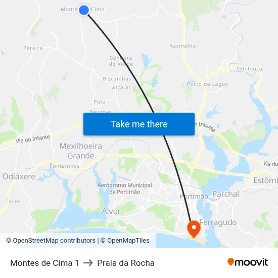 Montes de Cima 1 to Praia da Rocha map